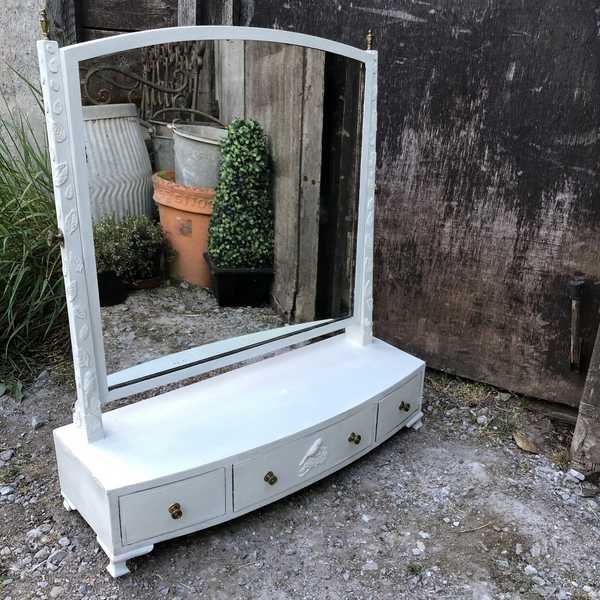 Antique Regency Style White Hand Painted Mahogany Swing Mirror With Clay Birds Leaves