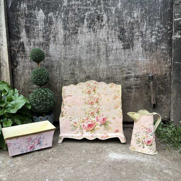 Floral Pink Set of Rustic Cottage Brocante Metal Letter Holder / Flower Box / Vase