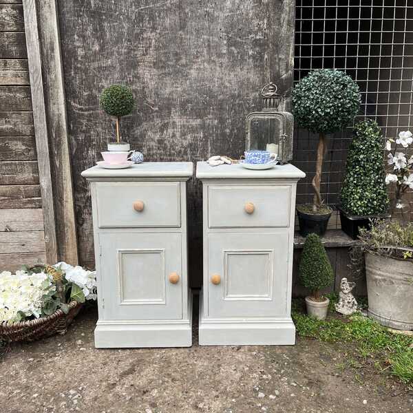 Grey Hand Painted Pair of Rustic Country Style Pot Cupboard / Bedside Tables