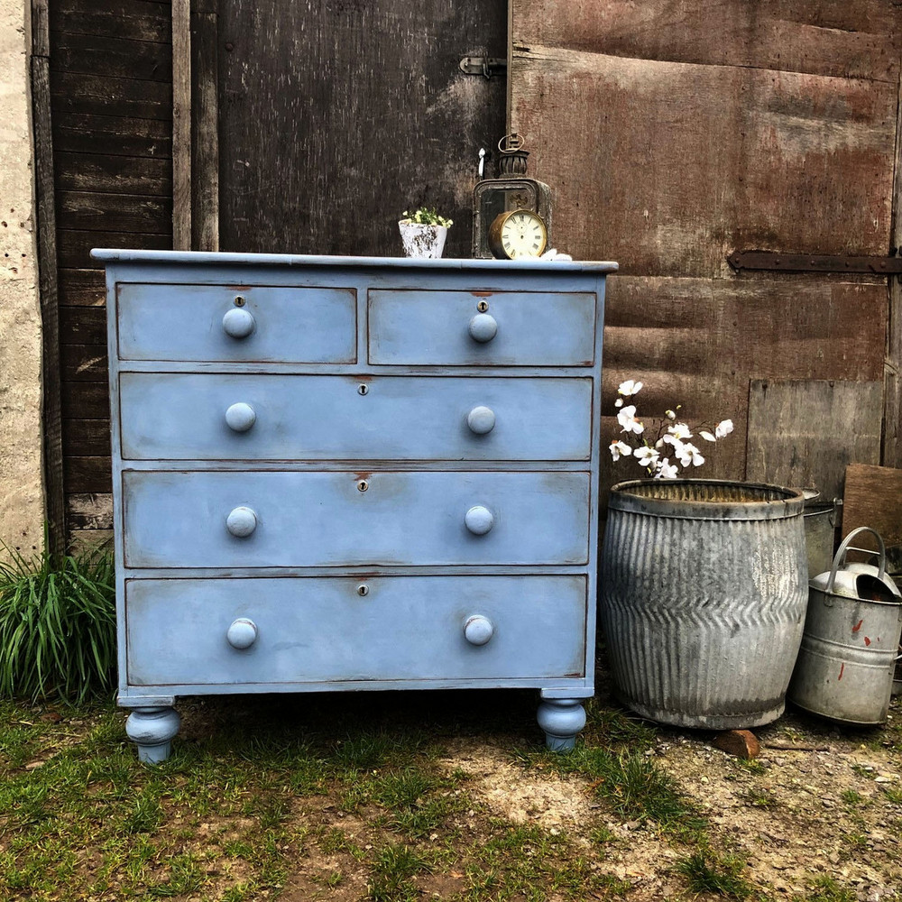 Blue Painted Antique Victorian Country Farmhouse Chest of Drawers on Raised Feet Shop Crown