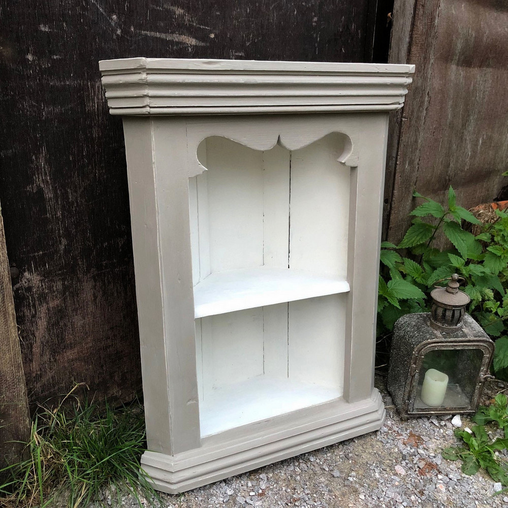 Charming Rustic Vintage Grey White Hand Painted Small Pine Wall Corner Cabinet