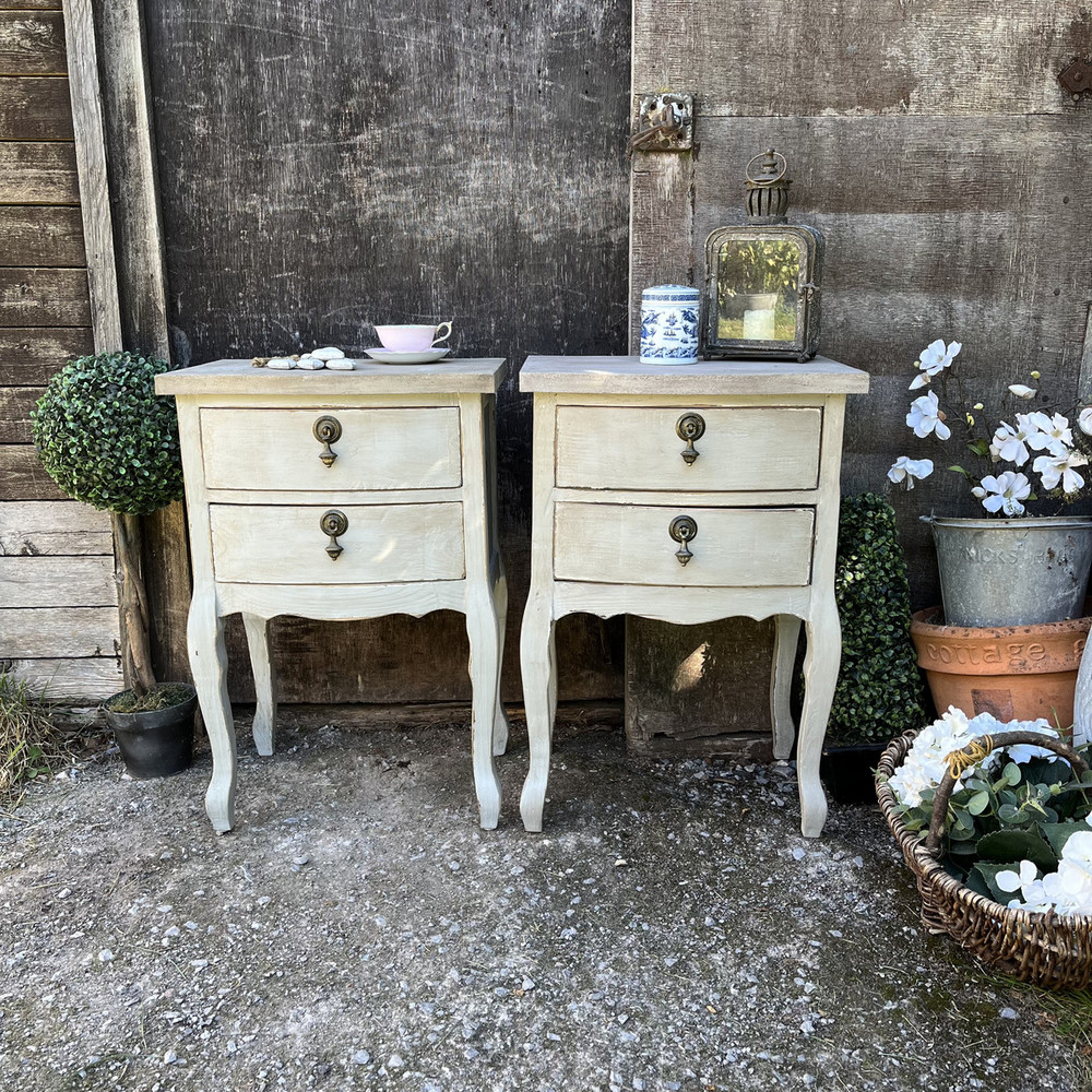 Matching Pair of Grey Hand Painted Rustic Country Style Bedside Tables