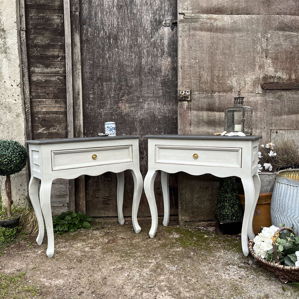 Matching Pair of Grey Hand Painted Rustic Country Style Console Tables