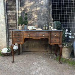 Antique Edwardian Walnut  5 Drawer Writing Desk / Dressing Table With Black Top