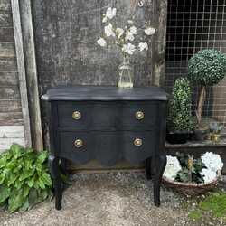 Black Hand Painted French Country Chic Serpentine Chest of Drawers Bedside Table