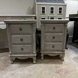 Classical Matching Pair of Grey Hand Painted Country Style 3 Drawer Bedside Tables