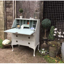 Country Style Grey & Duck Egg Blue Hand Painted Vintage Bureau Chest Of Drawers