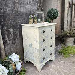 Cream Faux Vintage Rustic Chest of Drawers Cabinet With Blue Folklore Stencils