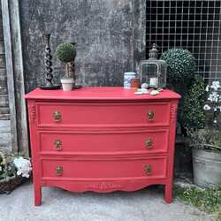 Dramatic Red Hand Painted Chinoiserie Style Bow Fronted Ornate Chest Of Drawers