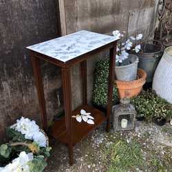 Edwardian Antique Mahogany Bedside Side Table Hand Painted Blue & White Toile Pattern