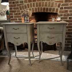 Elegant Matching Pair of Grey Hand Painted French Country Chic Style Bedside Tables