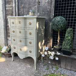 French Gustavian Country Bow Fronted Grey Painted Tallboy Chest of Drawers