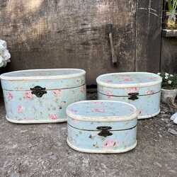 Gorgeous Cottage Romantic 3 Stacked in 1 Pink Light Blue Floral Motif Oval Boxes