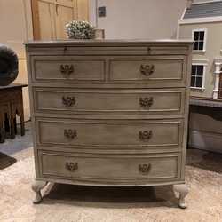 Grey Bow Fronted Gustavian Country Style Vintage Chest of Drawers With Pull Out Pad