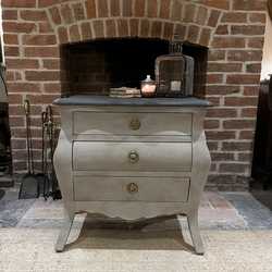 Grey Hand Painted French Country Chic Style Bombe Bedside Table / Chest of Drawers 