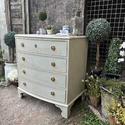 Grey Hand Painted Gustavian Country Style Vintage Bow Fronted Chest Of Drawers