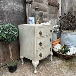 Grey Painted Bow Fronted Country Style 3 Drawer Vintage Bedside Table / Side Table
