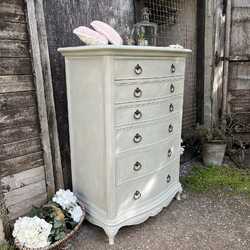 Grey Painted French Country Chic Style Bow Fronted Tallboy / Chest of Drawers