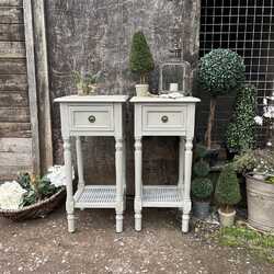 Matching Pair Grey Hand Painted Country Chic Style Narrow Aged Bedside Tables