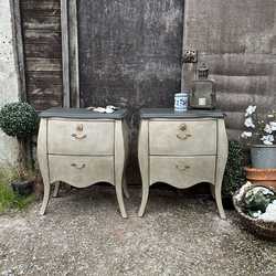 Matching Pair of Grey French Country Bombe Style Bedside Tables / Chest of Drawers