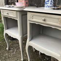 Matching Pair of Grey French Country Vintage Brocante Bedside Tables Pot Cupboards