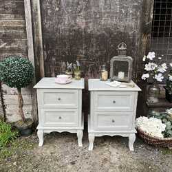 Matching Pair of Grey Hand Painted Smaller Pretty Country Style Bedside / Side Tables