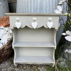 Small Country Chic Style Grey Hand Painted Wall Shelf Cabinet / Unit With White Hearts