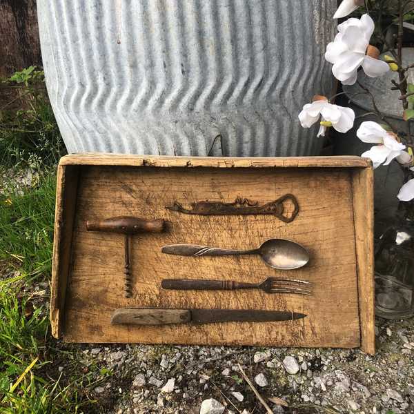 Quirky Vintage Patina Wall Hanged Farmhouse Rustic Cork Screw etc Vintage Pine Board