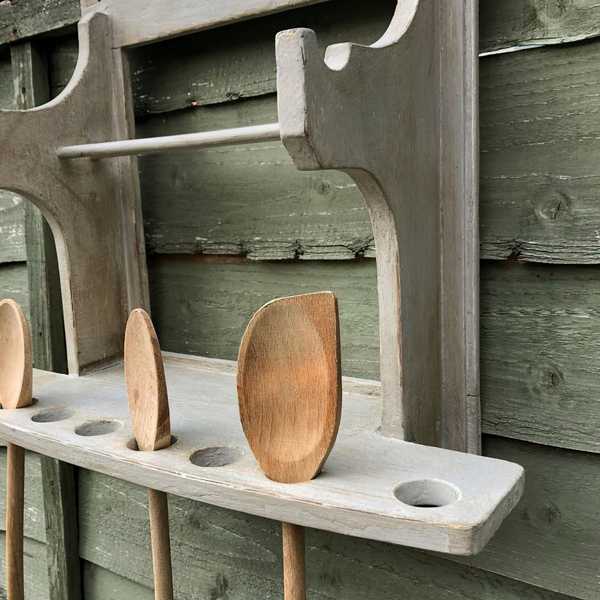 Rustic Grey Hand Painted Vintage Country Farmhouse Wall Spoon Holder Shelf Rack Unit