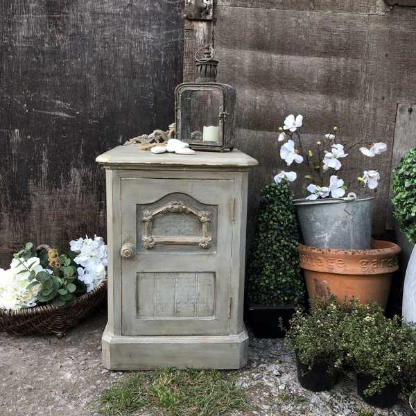 Touch of Gold Ornate Rustic Grey Painted Country Vintage Pine Bedside Cabinet Table