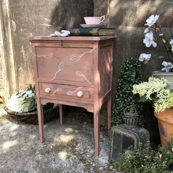 Rustic Pink Painted Vintage Country Bedside Table / Side Cabinet With White Flowers