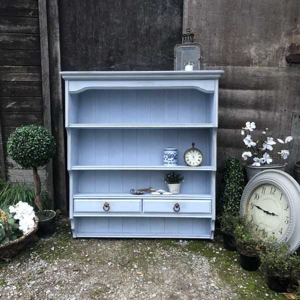 Vintage Light Blue Hand Painted Pine Country Farmhouse Wall Cabinet Wall Plate Rack