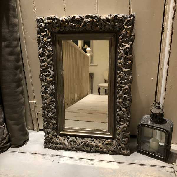 Grey Hand Painted Ornate Bronze Gold Country Tudor Rectangular Vintage Wall Mirror