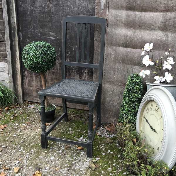 Characterful Black Hand Painted Gothic Style Vintage Single Chair With a Cane Seat
