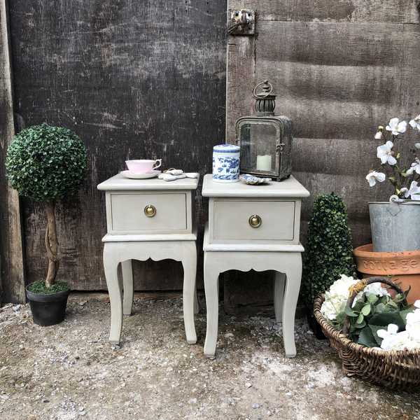Matching Pair of Grey Hand Painted Rustic Country Style One Drawer Bedside Tables