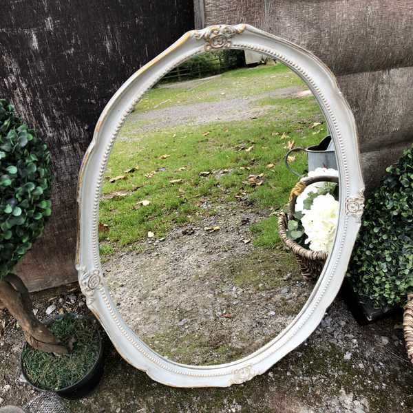 Gustavian / French Country Chic Style Grey Painted Oval Ornate Vintage Wall Mirror