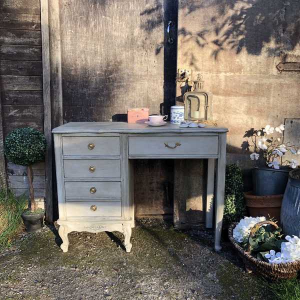 Grey Hand Painted French Rococo Country Style Vintage Writing Desk Dressing Table