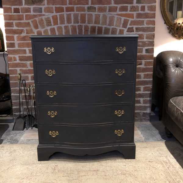 Black Painted Country Chic Style Serpentine Vintage Chest of Drawers Touch of Gold