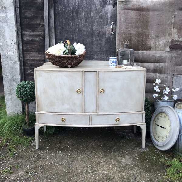 Grey Hand Painted Gustavian Country Style Vintage Bow Fronted Buffet Cabinet Sideboard