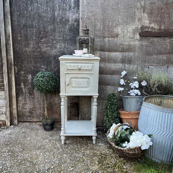 Grey Hand Painted French Country Antique Pot Cupboard / Bedside Table With Marble Top