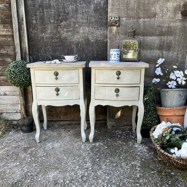 Matching Pair of Grey Hand Painted Rustic Country Style Bedside Tables / Side Tables