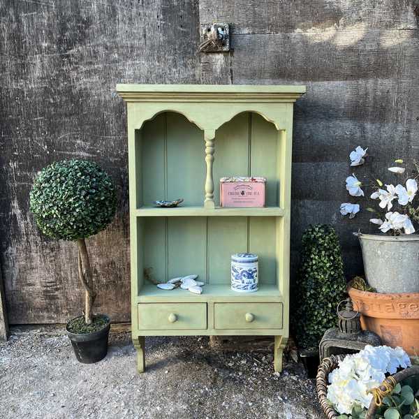 Narrow Country Chic Green Hand Painted Vintage Pine Wall Shelf Unit / Wall Cabinet