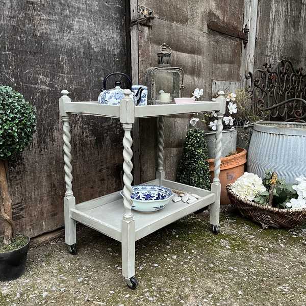Grey Hand Painted Two Tier Vintage Country Farmhouse Style Tea Trolley / Side Table