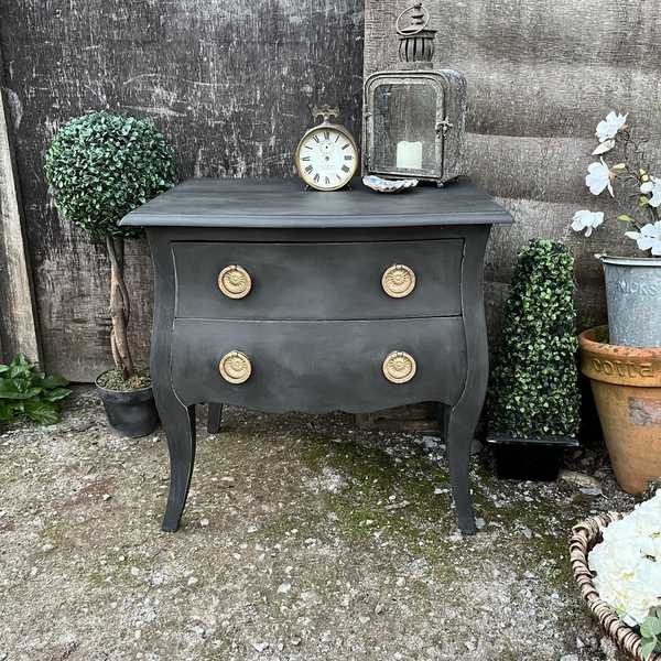 Black Hand Painted French Country Bombe Style Bedside Table Large Gold Handles