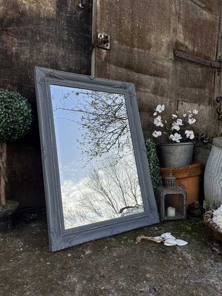 Dramatic Blue Grey Painted Rectangular French Country Style Ornate Wall Mirror