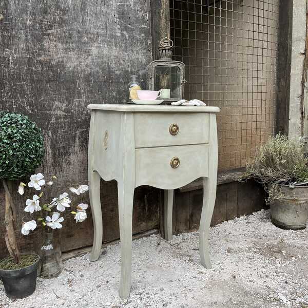Elegant Grey Hand Painted French Brocante Country Style Tall Bedside / Side Table