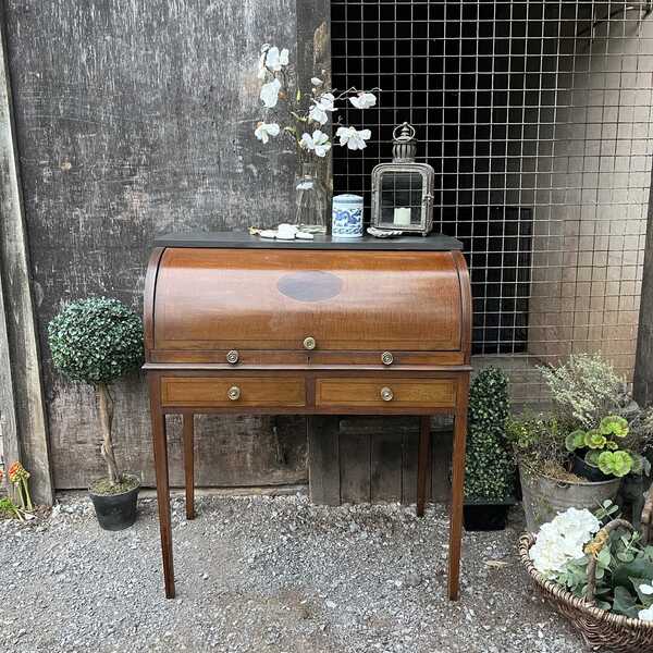 Gustavian Georgian Style Antique Vintage Inlaid Mahogany Cylinder Desk Dressing Table