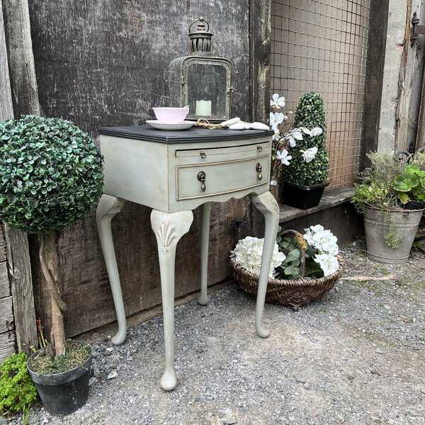 Grey Hand Painted French Country Style Black Top Bedside Table With Pull Out Shelf