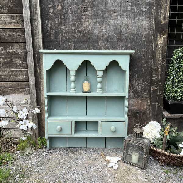 Duck Egg Blue Hand Painted Country Farmhouse Style Vintage Wall Shelf Unit Cabinet