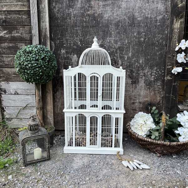 Gorgeous White Painted Wooden Tall Decorative Freestanding Hanging Dome Bird Case
